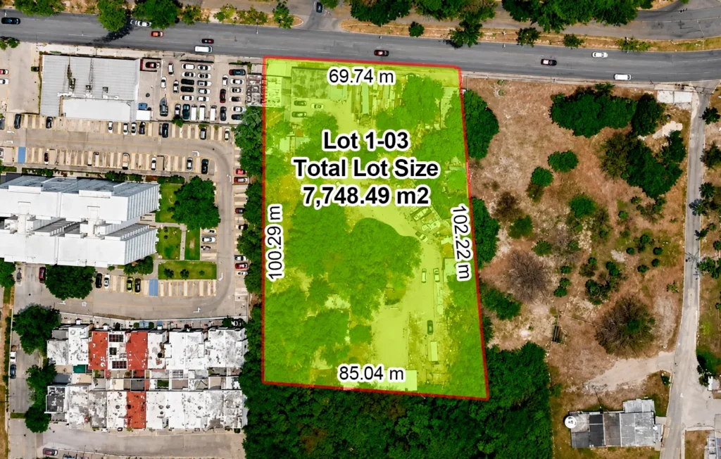 Aerial site plan of a 7,748.49 m² development lot for sale on Nichupté Avenue in Cancun, outlined with boundary measurements.