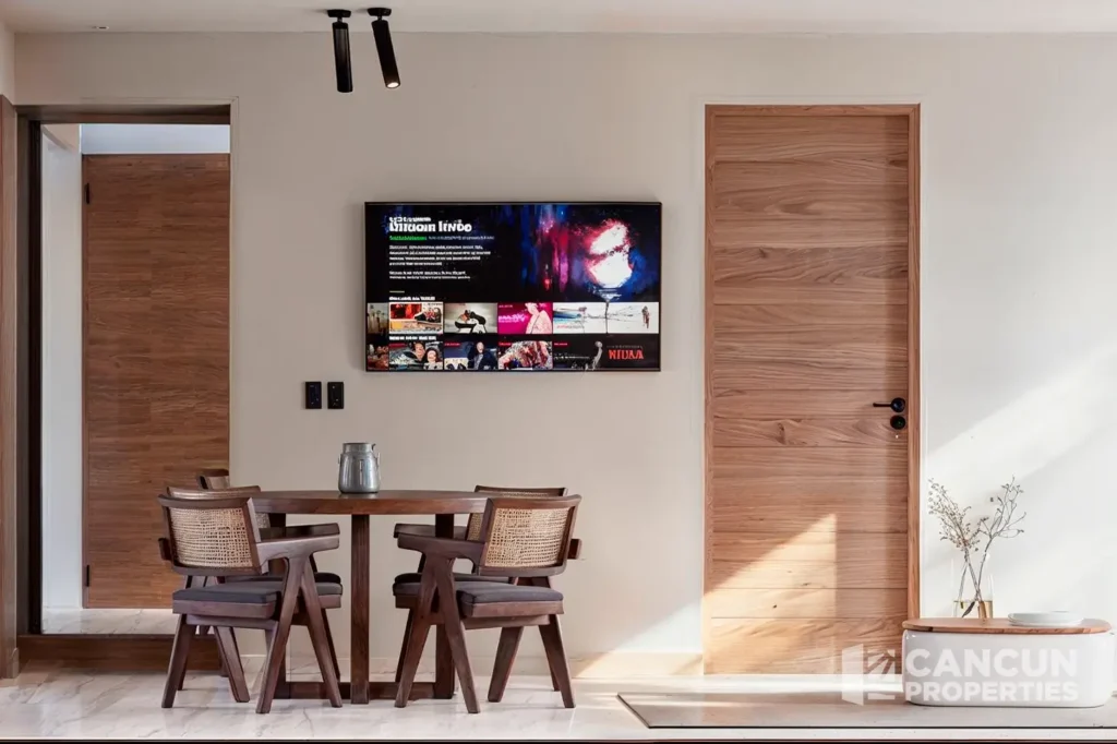 Open-plan living and dining room at Esther WOW Condos in Vía Cumbres, Cancun.