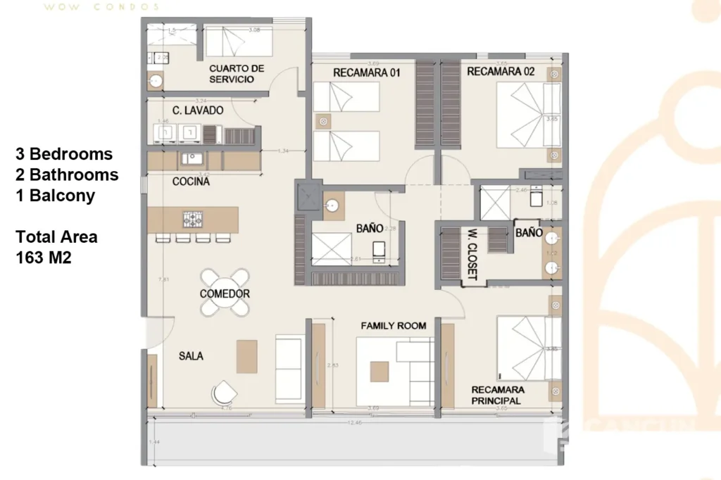 Floor plan of a 163 m² three-bedroom, two-bathroom condo at Esther WOW Condos in Vía Cumbres, Cancun.